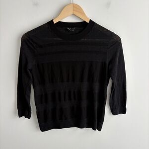 Theory Women’s Linen Sweater Small 3/4 Sleeve Black Gray Stripe Slim Fit Top